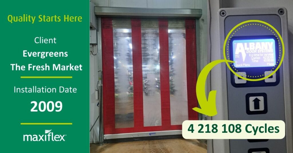 High speed door at a fresh produce market having done over 4 million cycles